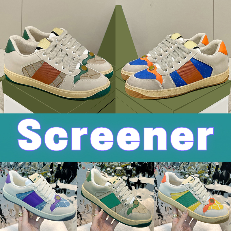 

Fashion Screener Sneaker Designer Casual Dirty Shoes with box Vintage Classic Leather Web Butter beige white ebony green treated Black Suede Mens women sneakers, Shoes box