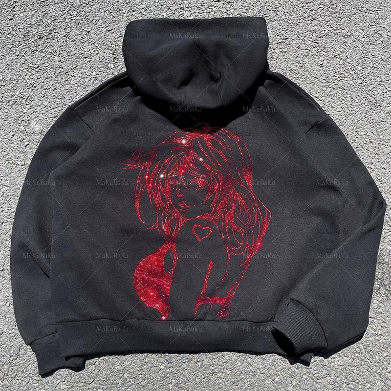 

Men's Hoodies Black Hoodie Sweatshirts Korean Fashion Punk Sport Coat Pullover Cartoon Rhinestone Gothic Long Sleeve Zip Y2k Jacket Men, Black trousers