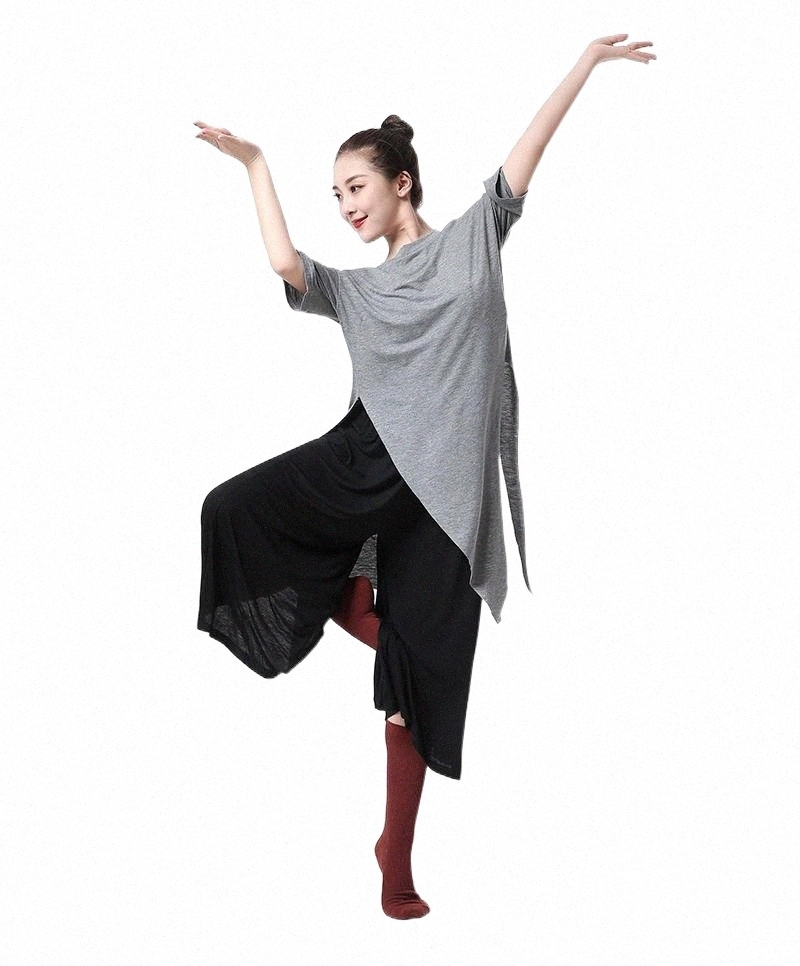 Stage Wear latin Dance Gray Long Irregular Split Men Women Top T-shirt Tango Cha Salsa Rumba Modern Wear Costumes Dancewear Yoga Stage 00zx#-image-796850469