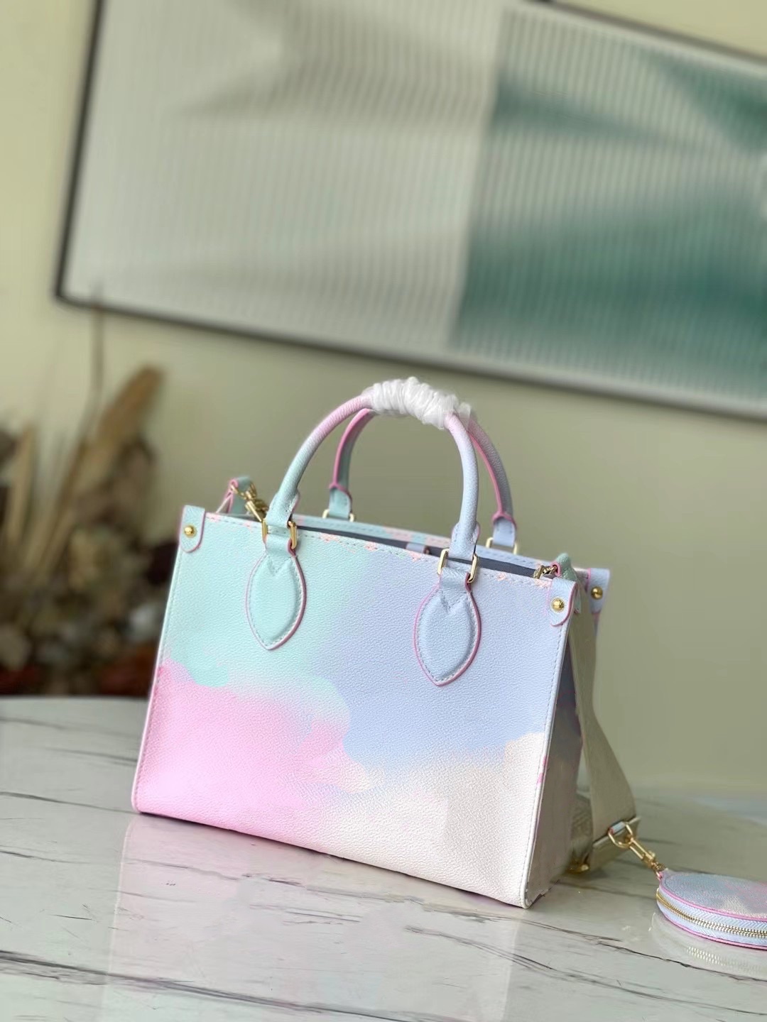 

7A high end custom quality bag On The Go MM PM GM Woman fashion Totes shoulder crossbody Sunrise Pastel handbag Cowhide leather long straps With coated canvas purse, Pm 25