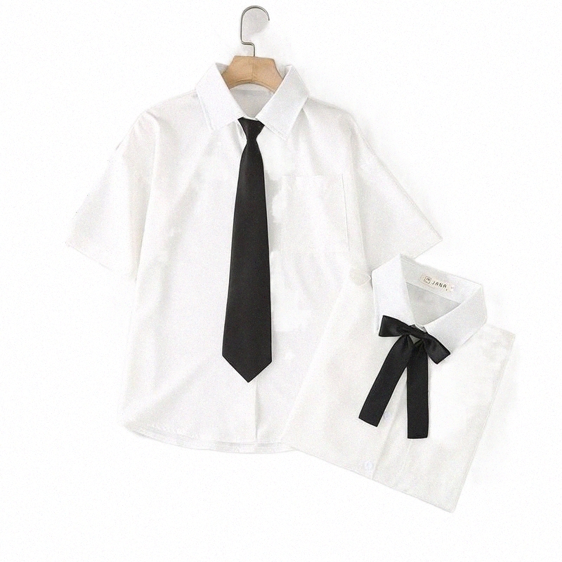 

Women's Blouses & Shirts blouses Shirt Women JK Style Summer Short Sleeve Solid White Tops With Tie Bow Japanese Korean Female Shirts Lapel Blusas Women's & Y5QV#, Blue grey plaid tie
