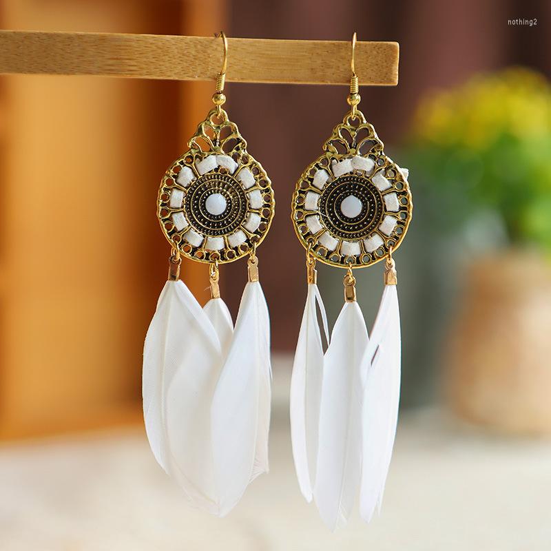 

Dangle Earrings Dream Catcher Pink Feather Earing Jhumka Boho Summer Round Hollow Hanging For Women Boucle Oreille Femme