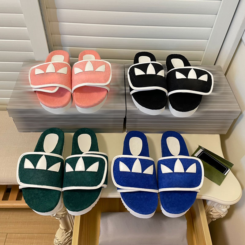 Wool Jointly-Designed Slippers mens Womens Letters Sandals Adjustable Velcro platform Slipper Classic Leaves Autumn Winter Shoes High 5.5cm