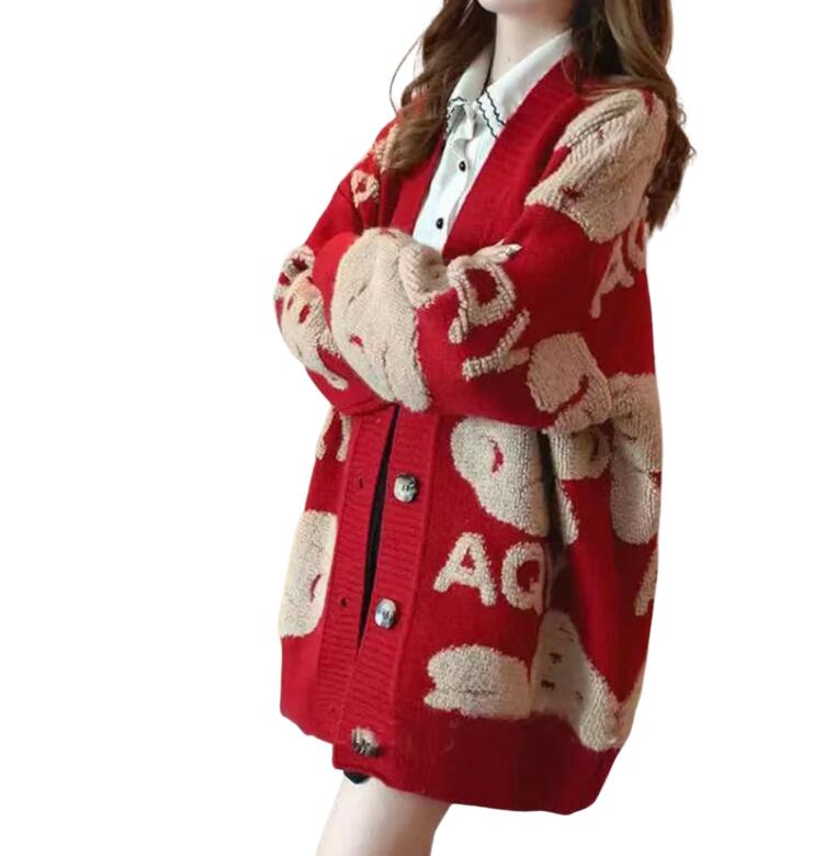 

Women Long Sleeve Sweater Cardigan Sexy V-Neck Button Down Cropped Jacket Sweet Solid Candy Color Loose Knitted Coat, Red