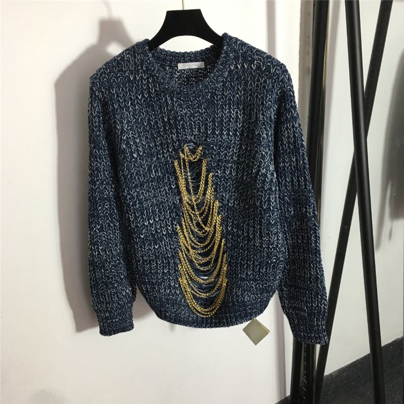 

2022 Women's Knit Sweater Designer Tops With Hole Chain Girls Brand Milan Runway Tassel Designer Crop Top High End Custom Crew Neck Loose Long Sleeve Stretch Pullover, Multi