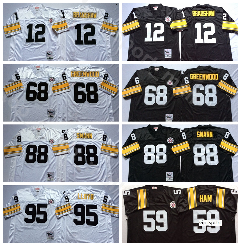 

NCAA Football 12 Terry Bradshaw Jersey 68 L.C Greenwood 59 Jack Ham 88 Lynn Swann 95 Greg Lloyd Black White Men Vintage Stitch Good, 95 black