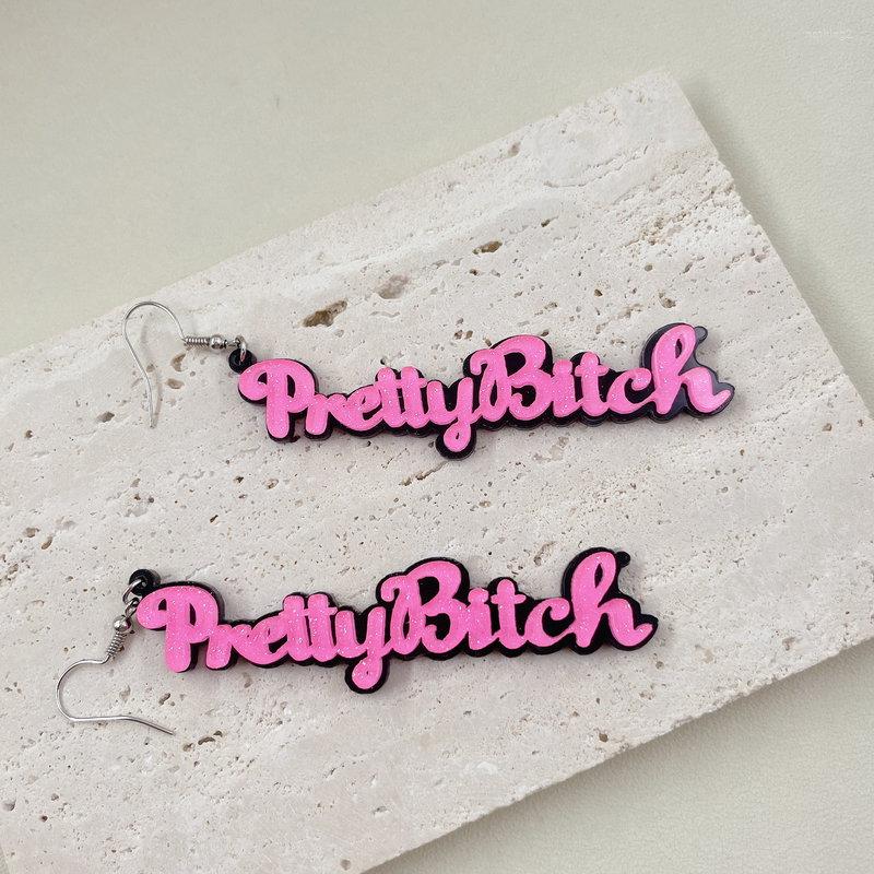 

Dangle Earrings Pink Y2k Statement For Women Vintage Hyperbole Long Shiny Pretty Bitch Acrylic Letter Fashion Jewelry Hip Hop