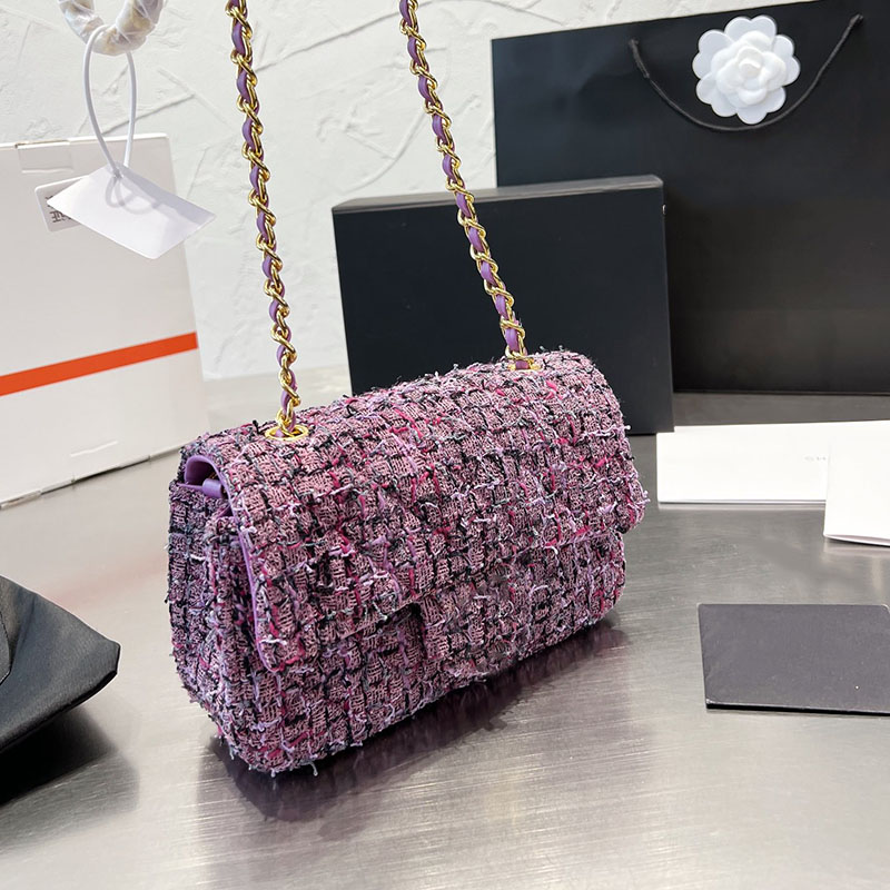 

Womens Classic Mini Flap Tweed Bags Pink Yellow Blue Purple Square Quilted Cosmetic Case Gold Metal Hardware Matelasse Chain Crossbody Shoulder Handbags 20CM, Box