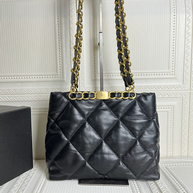 

5A High Quality Designer Bags Luxury Ladies Handbag Original Classic Sheep Leather 24cm Large Capacity Shopping Bag Brand One Shoulder Messenger Bag Gold Buckle, Box