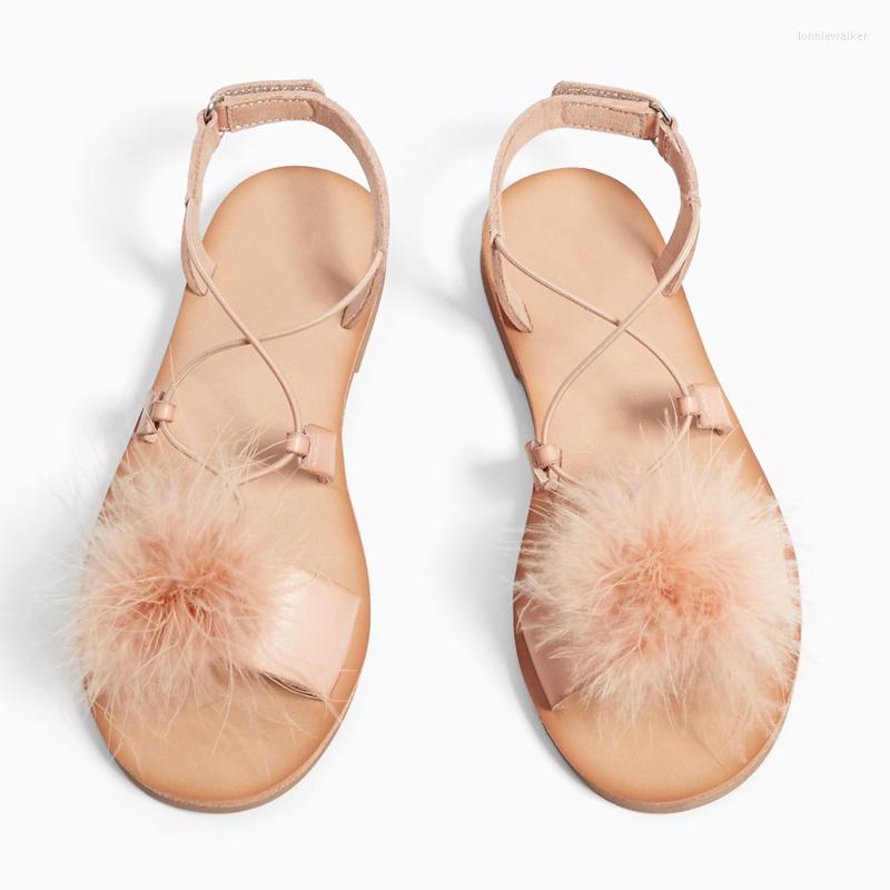 

Sandals Cute Feather Decor Women Fur Flat Shoes Woman Summer Beach Cross-tied Casual Flats Gladiator Sandal, Black