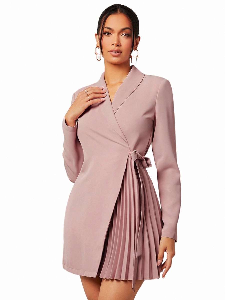 

Women' Two Piece Pants shawl Collar Fold Pleated Knot Side Blazer Dress j1Tv#, Dusty pink