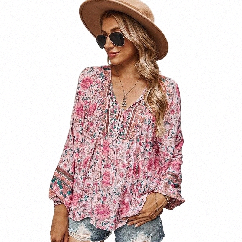 

Women's Blouses & Shirts women Casual Romantic Holiday Street Temperament Lady Blouse V Neck Long Sleeve Floral Printed Lace-up Female Tee Shirt Tops Women's Blous v1fr#, Blue