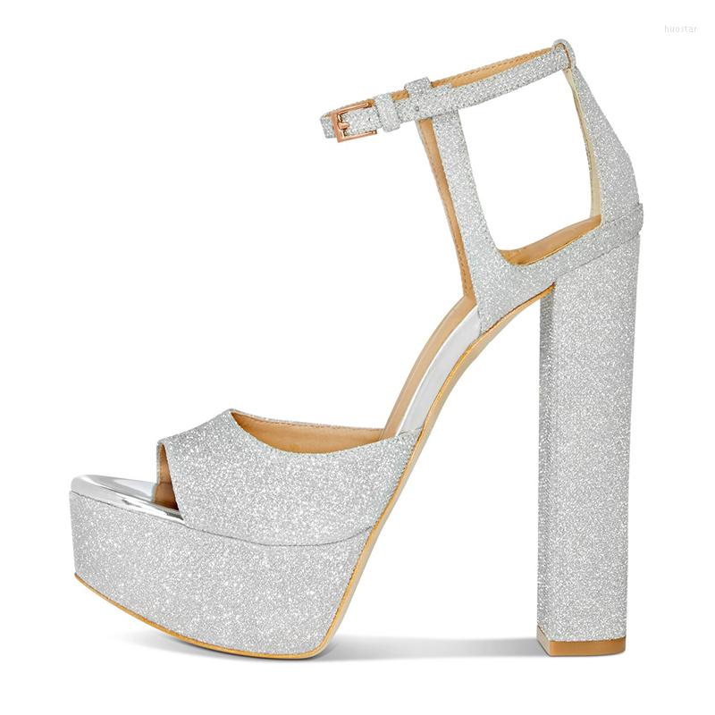 

Sandals 2022 Summer Silver Glitter Wedding Shoes For Women Chunky High Heels Platforms Party Dress Bridal Free Ship