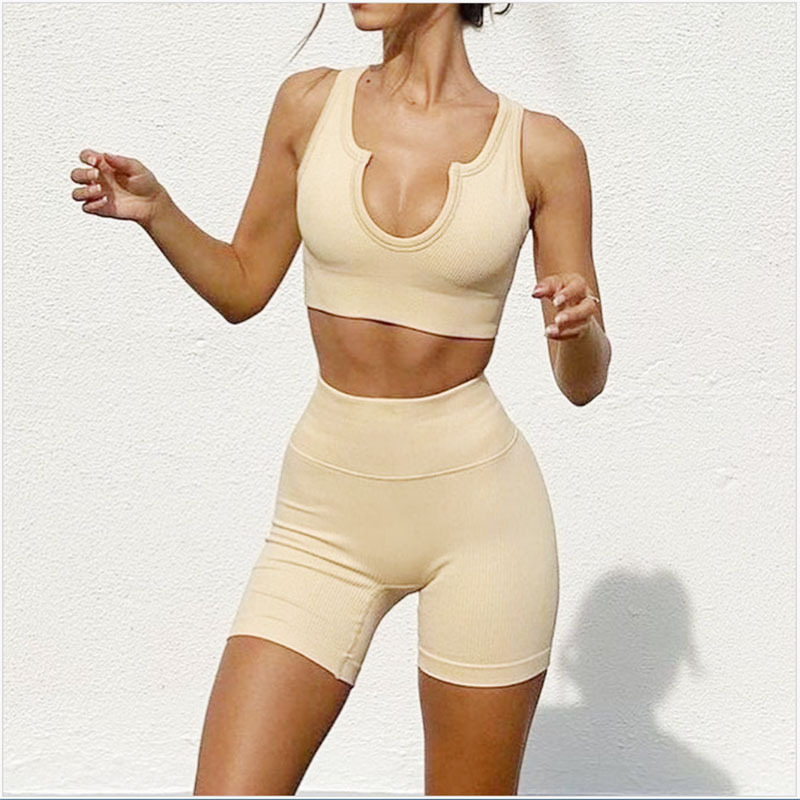 

Yoga Outfits Seamless V-neck Sports Underwear Fitness Top Quick Dry Thick Striped Shorts Sleeve Suit for Women, Aspic