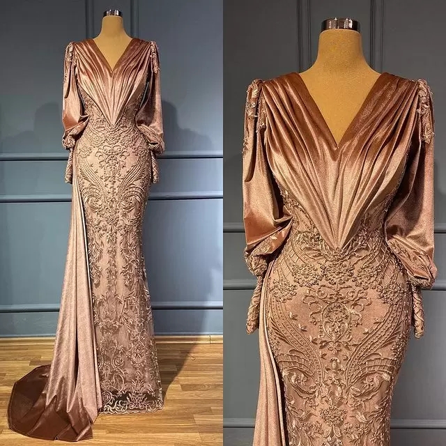 

Mother Dresses 2022 Plus Size Arabic Aso Ebi Lace Beaded Mermaid Prom Dresses Velvet Long Sleeves Evening Formal Party Second Reception Gowns Dress GB0831