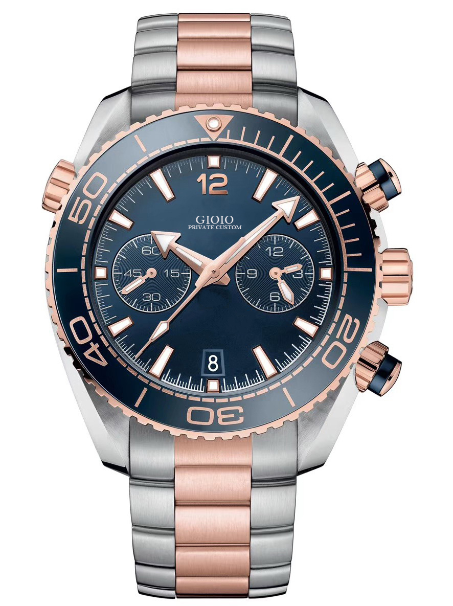 

Men Sport Watch Rose Gold Blue Leather quartz Chronograph Ceramic