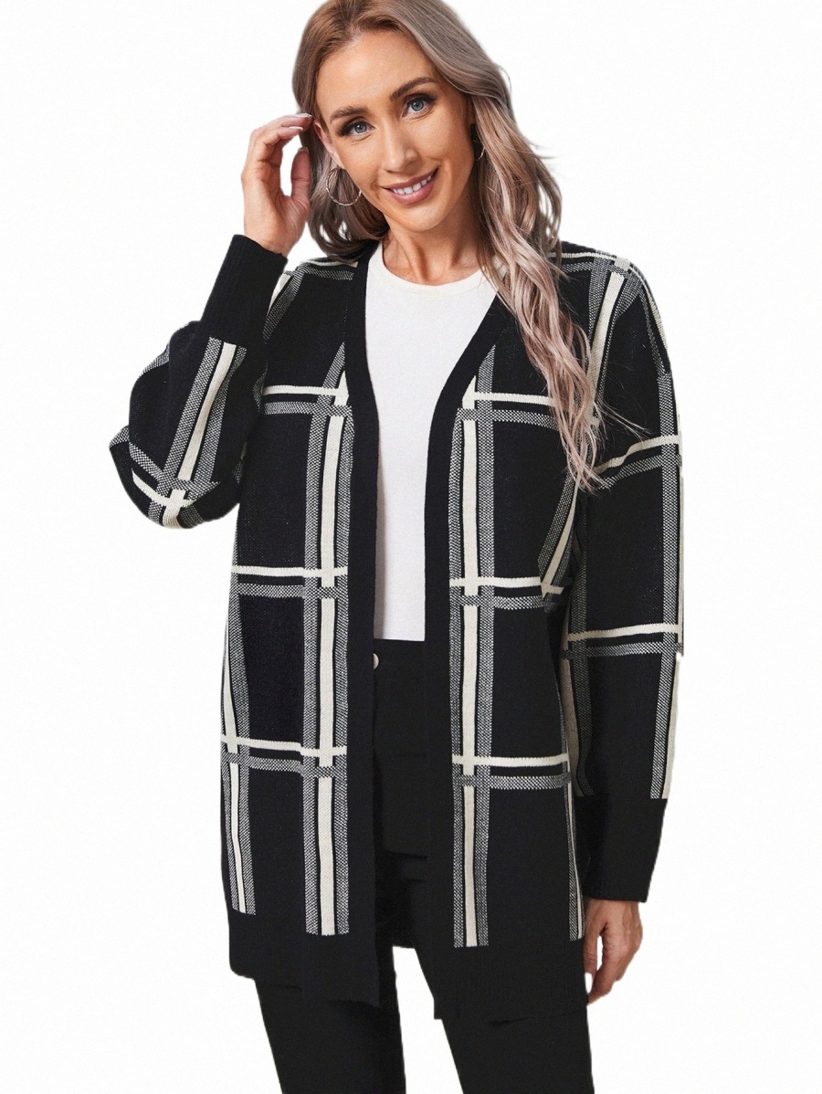 

Women' Sweaters emery ROSE Plaid Pattern Drop Shoulder Duster Cardigan e05z#, Black