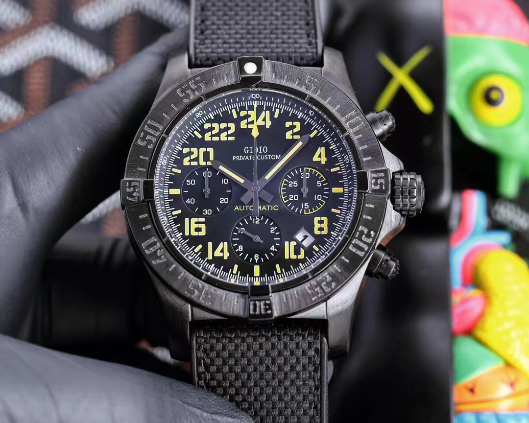 

43mm High Quality Mens Quartz Chronograph Watch Black Canvas Rubber Stopwatch Yellow Dial Stainless Steel Luminous Sapphire