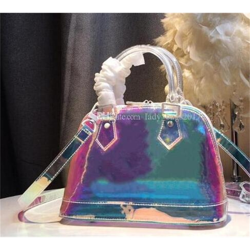 

New Hot Dazzle Rainbow ALMA BB Shell Bag Printing Handbags Clear Clutch Laser Flash PVC Clutches Handbag Transparent Duffle Bag, Not support(not sold separately)