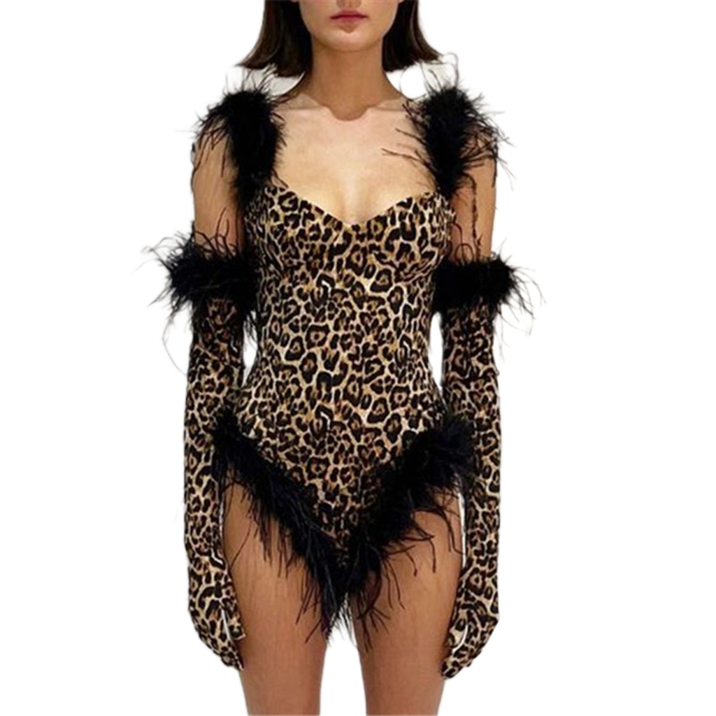 Women's Jumpsuits & Rompers Sexy leopard print onesie winter new fashion matching color plushy sleeve set women-image-797281391