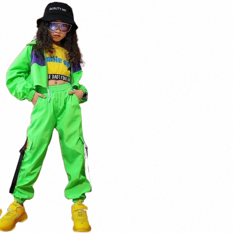 Stage Wear children's Jazz Dance Costume Girls Hip-Hop Clothing Street Fluorescent Green Set Modern Performance Wear DQS2905 Stage q3hi#-image-796865363