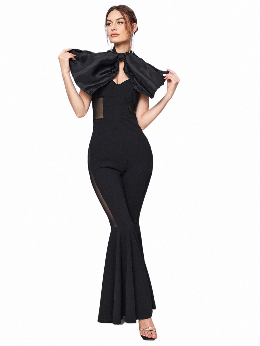

Women's Jumpsuits & Rompers x NAHAL SHAD Mesh Panel Bow Front Tie Backless Flare Leg Halter Jumpsuit H2rV#, Black