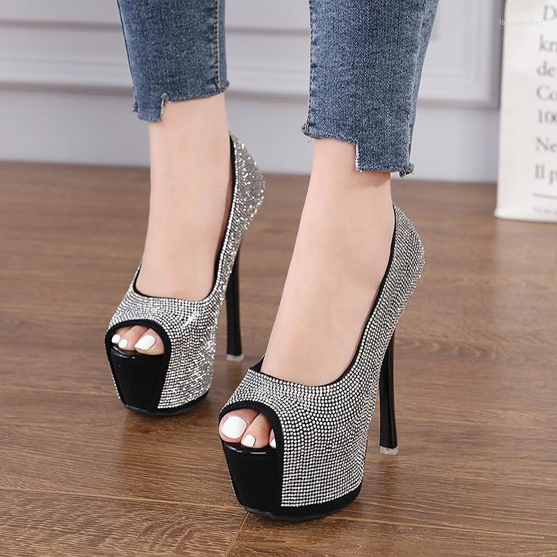 

Sandals Summer Pumps For Women Club Shoes Fashion Catwalk Thin Heel Thick Platform Woman Party High Heels Blingbling Peep-toe Sexy, Champagne