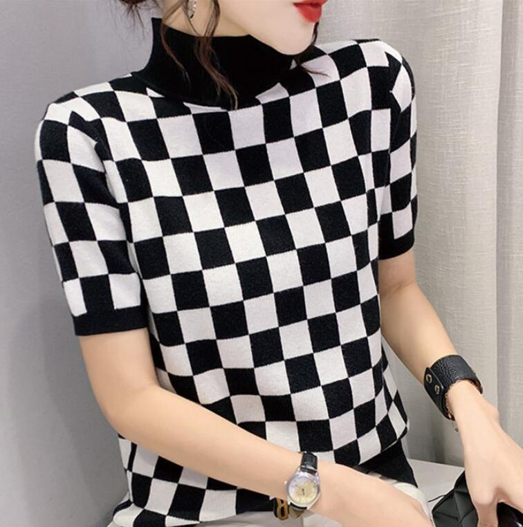 

Women' Sweaters Short Sleeve Luxury Pullover Half High Collar Knitted T-Shirt Lattice Loose Show Sweater Top Female, 02