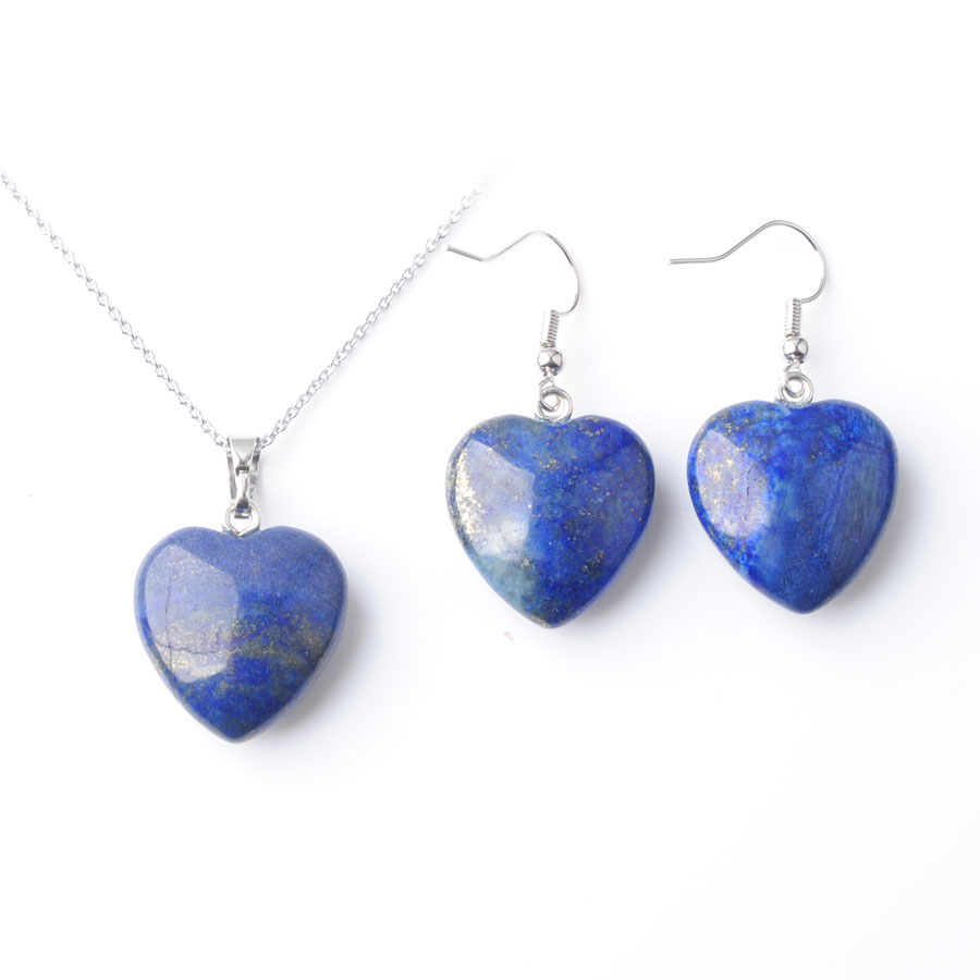 Natural Stone Necklace Jewelry Sets For Woman Lapis Lazuli Heart Pendant Earrings Bridal Wedding Set O9489-image-797083403