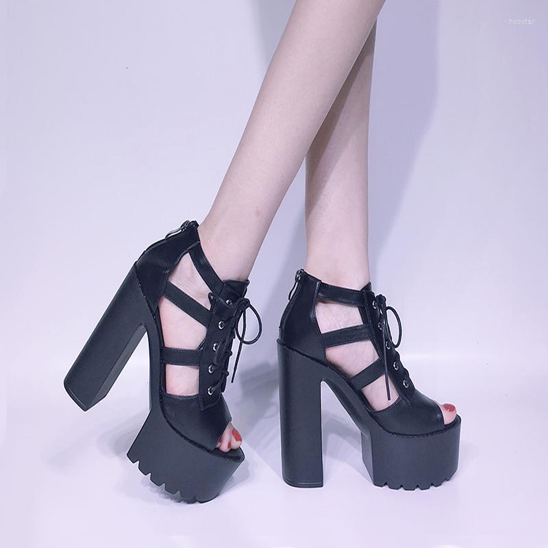 

Sandals Roman For Women Platform Heels Summer Punk Shoes Lace Up Gladiator, Black