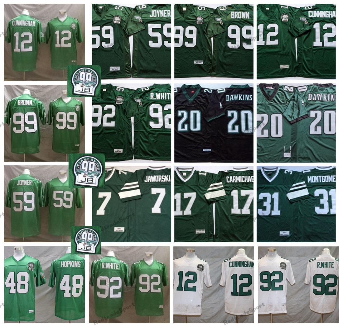 

Vintage 1992 Randall Cunningham Football Jerseys Seth Joyner 92 Reggie White 99 Jerome Brown 20 Brian Dawkins Wes Hopkins Ron Jaworski, Applegreen 99