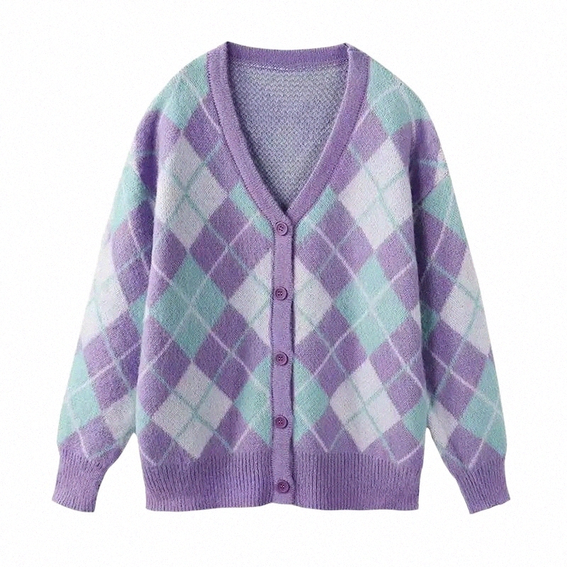 

Women's Knits & Tees women's Knits & Tees Argyle Winter Spring Women Blue Cardigan Knit Sweater Plaid V-Neck Button Long Sleeve Top Tartan Coat Simple 2022 Loose 75cT#