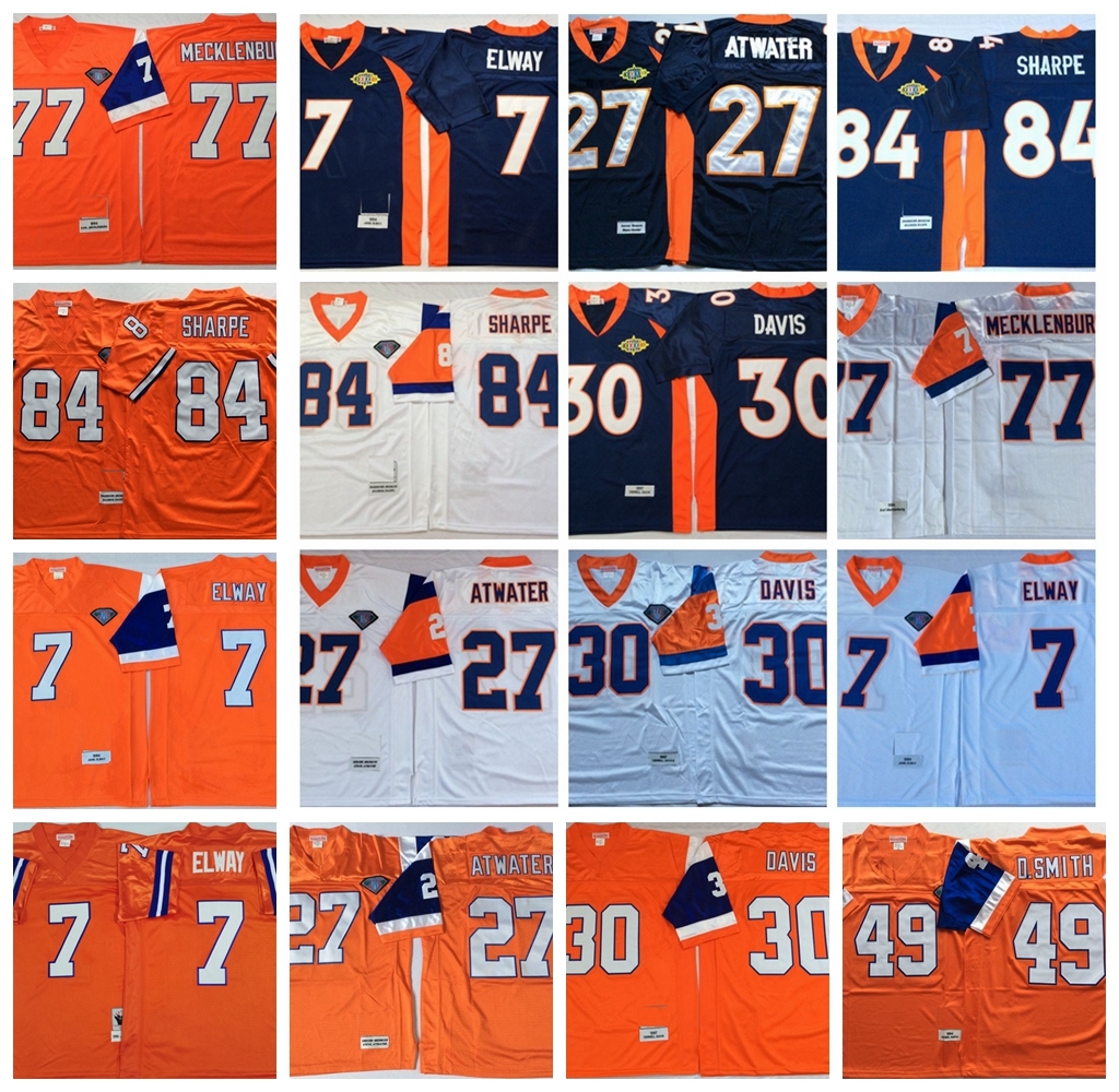 

Vintage 7 John Elway 27 Steve Atwater Football Jerseys 30 Terrell Davis 77 Karl Mecklenburg 84 Shannon Sharpe 49 Dennis Smith 57 Tom Jackson, Orange84