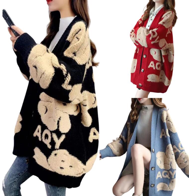 

Women Sweater Cute Cartoon Print V Neck knitted Cardigan Female Sweater Jumpers Loose Streetwear Top, Black