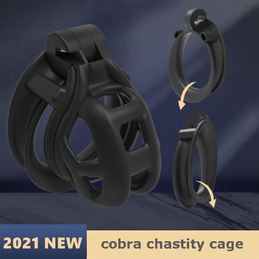 Cobra Dispositifs de chasteté masculine Mamba Cage de résine noire Resination Resination Kit de retenue de ceinture avec 4 anneaux à double arc T