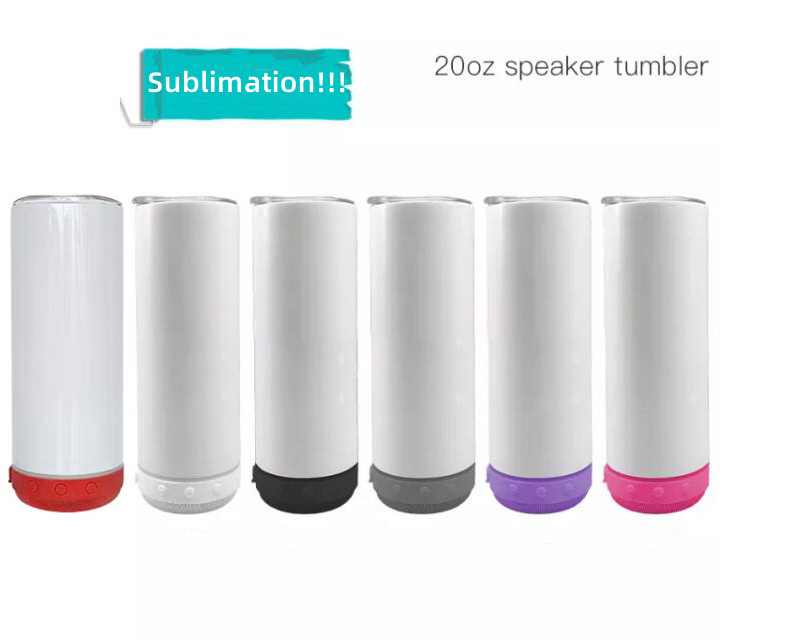 

20oz Sublimation Bluetooth Speaker Tumbler Sublimation STRAIGHT tumbler Wireless Intelligent Music Cups Stainless Steel Smart Water Bottle with lids and Straws, White