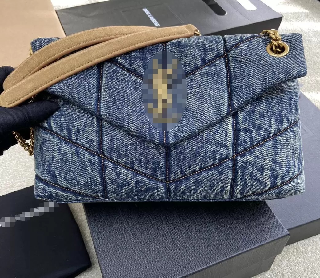 

Women Washed Denim Messenger Bag Luxury Handbags Wallets LOULOU Puffer Chain Shoulder Crossbody Bags Clamshell Totes, With logo (no box)