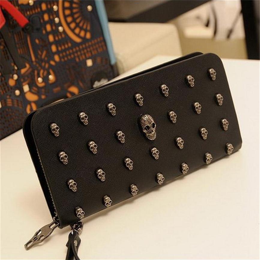 

2017 Women Wallets Metal Skull Wallet Card Purse Leather Wristlet Portefeuille Handbags Carteira Feminina273N, Black