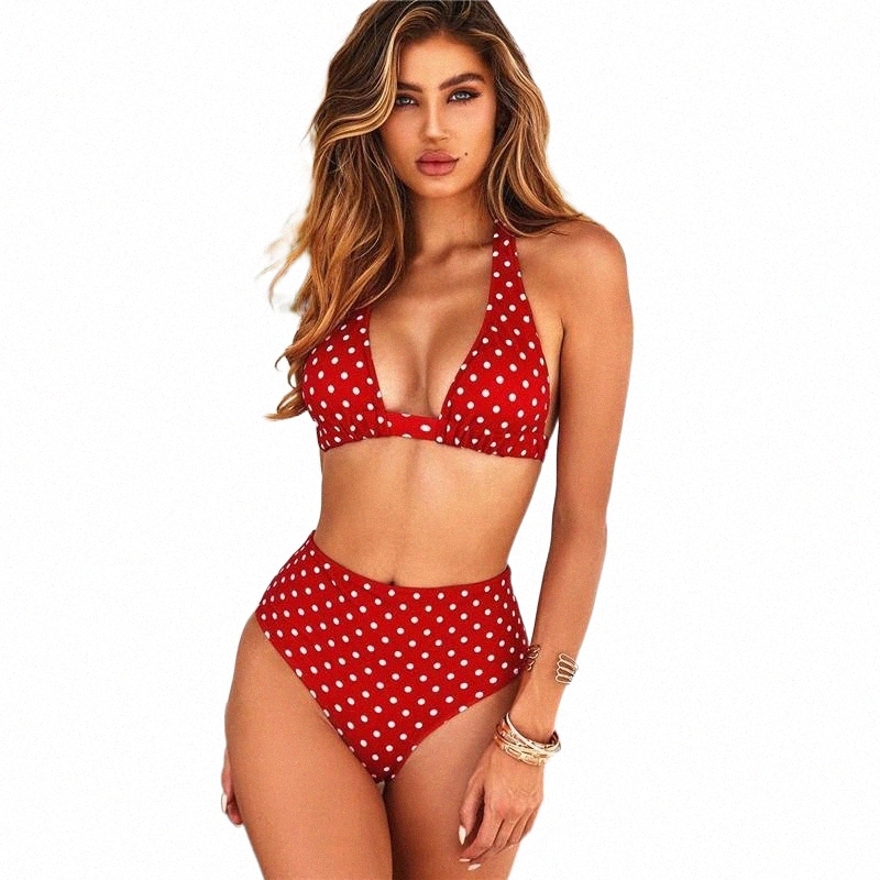 Women's Swimwear women's Swimwear 2021 Bikini Women Sexy Bandage Swim Suits V-neck Biquini High Wasted Bathing Red Dot Printing Swimsui-image-796807640