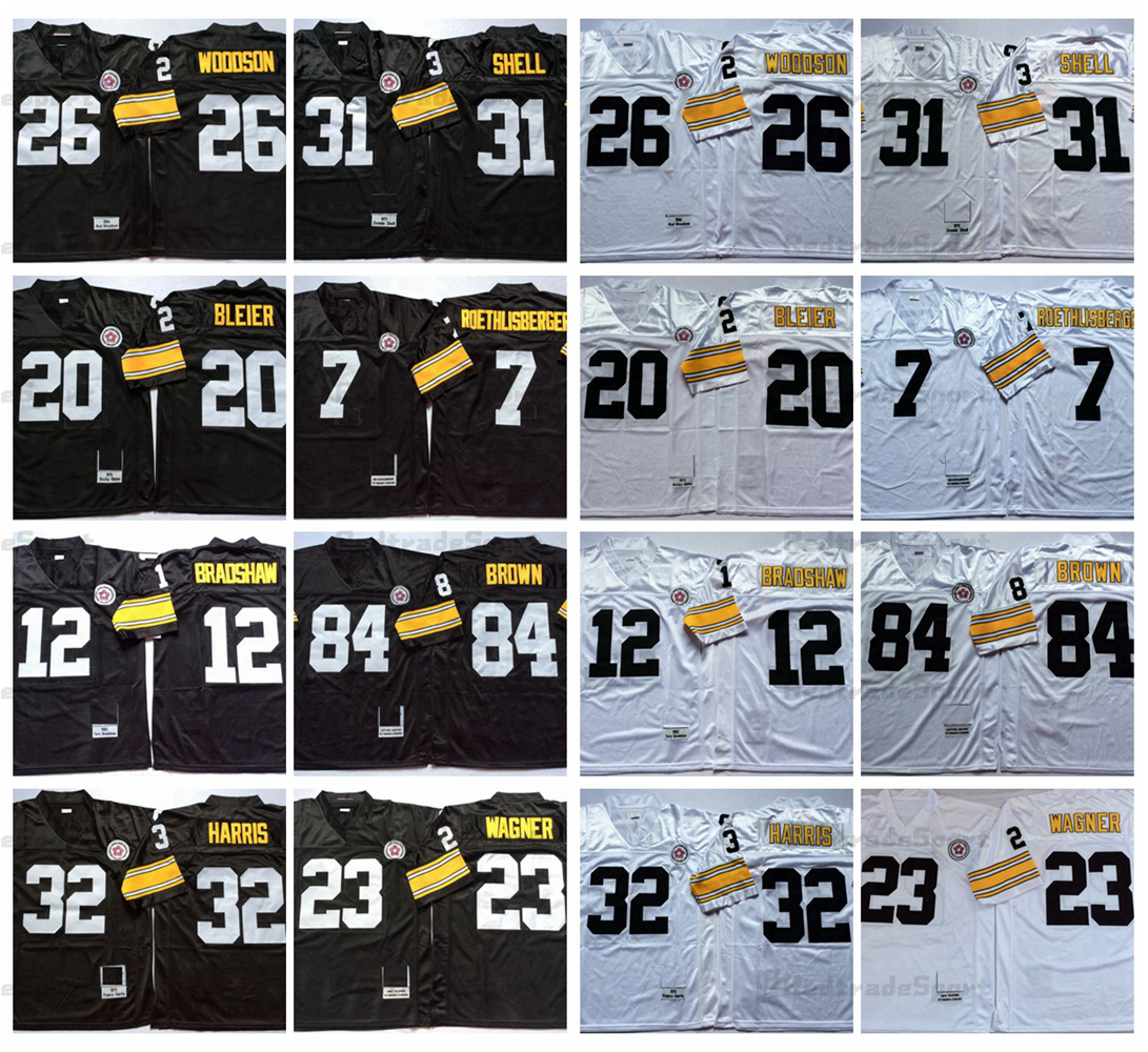 

Vintage Mens #12 Terry Bradshaw Football Jerseys 20 Rocky Bleier 23 Mike Wagner 7 Ben Roethlisberger 84 Antonio Brown 26 Rod Woodson 32, White