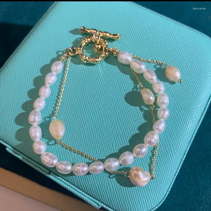 

Strand 14K Gold Circle Bamboo Freshwater Pearl Bracelet Retro High Quality Elegant Ins Net Red Fashion Ladies Jewelry Summer Style
