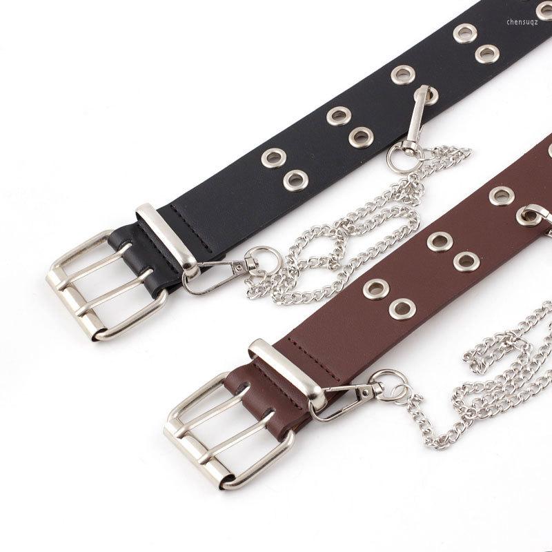

Belts Women's PU Leather Pin Buckle Belt High Street Punk Wind Ladies Fashion Double Exhaust Eye Chain Terms, Brown