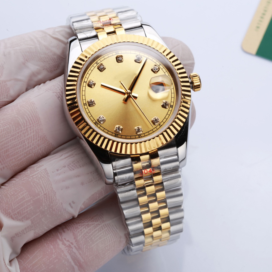 

Women's watch gold round dial 36mm diamond time mark scratch resistant blue crystal waterproof automatic mechanical stainless steel 904L Montre De Luxe