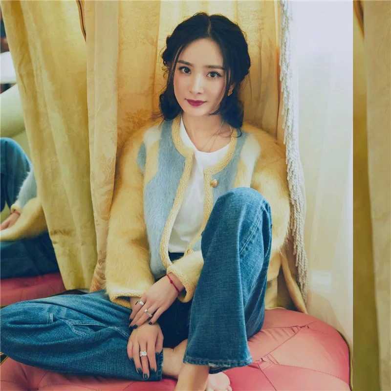 

Women' Jacket Sweater Coat Cell 22FW Celebrity Autumn Plush Thickened Warm Round Neck Long Sleeve Loose Short Knitted CoatElegant Classic Z3Q5, Yellow