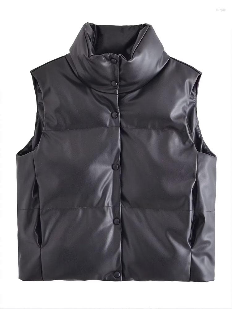 

Women's Vests 2022 Autumn And Winter Women's Fashion Solid Color Chic Buttons Decorated Leather Texture Cotton Vest, Black