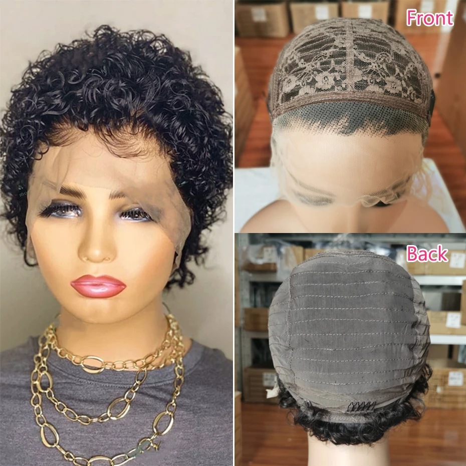 

Pixie Wigs Africa Hair with Small Hurly Lace Front Human Hair, Black