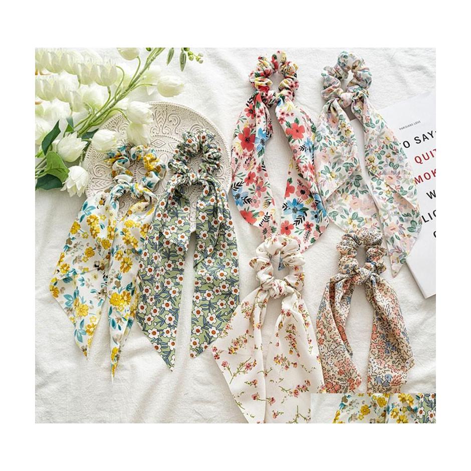 

Hair Rubber Bands Chiffon Floral Print Hair Ties Scrunchies Elastic Band Ponytail Holder Scarf Sweet Knotted Bow Colorf Long Ribbon Dhz41