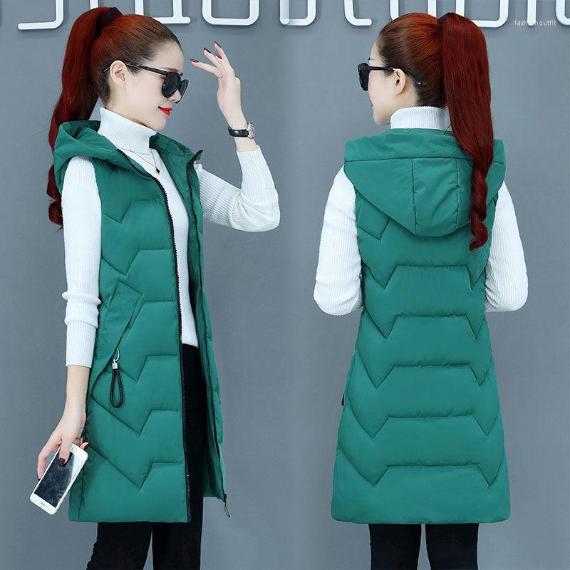 

Women's Vests 2022 Autumn Winter Mid-length Down Cotton Women's Vest Coat Solid Color Zipper Hooded Casual Waistcoat Ladies Jacket X4