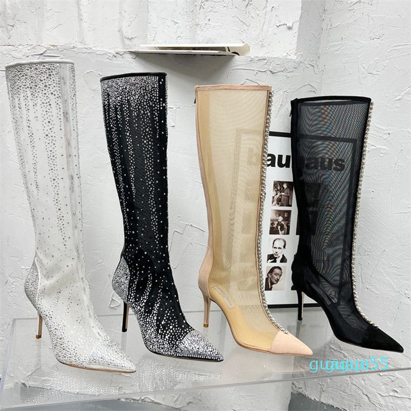 

Boots Womens Spring Autumn High Heel Mesh Boots Knee High Fashion Crystal, A1