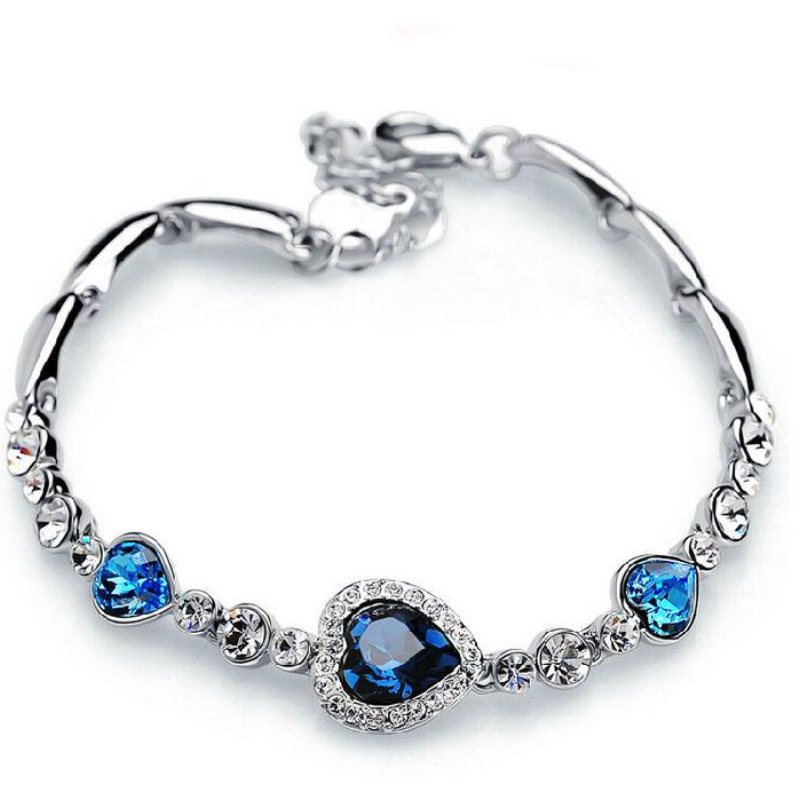 

Bracelets Fashion Ocean Blue Sliver Plated Crystal Rhinestone Heart Charm Bracelet Bangle Gift Swarovski Jewelry Charm Bracelets
